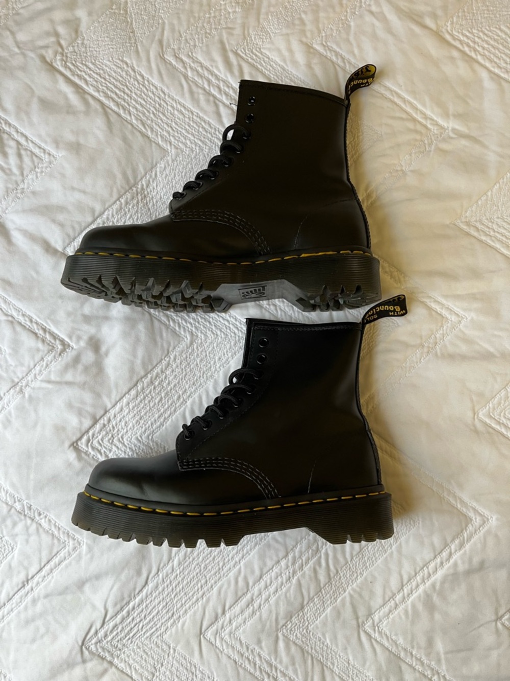 Dr. Martens Black Leather 8-Eye Boots with Yellow Stitching - Picture 2 of 7